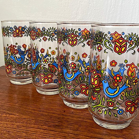 VTG 70s Libbey Glass Tumblers Friendship Blue Bird Country Festival Set of 4 x 2
